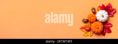 Bouquet autunnale di acorns, bacche, foglie d'acero, zucche isolato su sfondo arancione piatto Lay vista dall'alto bordo floreale cartolina di vacanza Ciao settembre, Foto Stock
