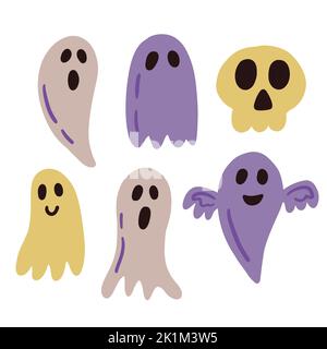 Halloween Ghost Shapes Set, collezione di fantasmi carino disegnata a mano Silhouett Illustrazione Vettoriale