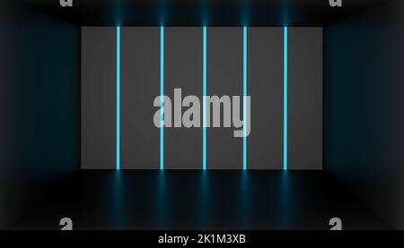 Camera Sci Fi futuristica scura vuota con luci al neon blu e rendering 3D della superficie di riflessione. Foto Stock