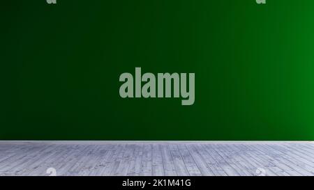 Parete verde scuro vuota con pavimento in legno 3D che rende lo sfondo dell'illustrazione per la scena mockup Foto Stock