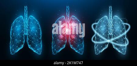 Illustrazione vettoriale poligonale di polmoni umani malati di infiammazione, polmoni sani e recupero della salute polmonare. Sistema respiratorio a bassa poly design. Medico Illustrazione Vettoriale