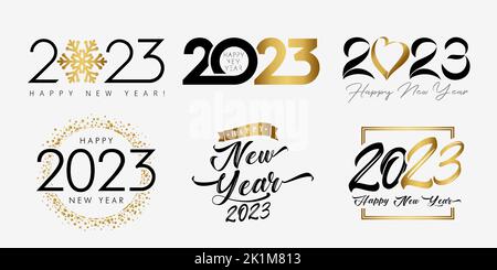 Grande set di Felice anno nuovo 2023, logo dorato e nero con fiocco di neve, cuore, iscrizione. 20 23 modello grafico vettoriale isolato. Carta creativa Illustrazione Vettoriale