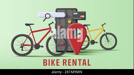 3d illustrazione servizio di noleggio biciclette applicazione mobile, pagamento con carta smartphone Illustrazione Vettoriale