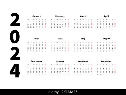 2024 anni semplice calendario orizzontale in lingua inglese, calendario tipografico isolato su bianco Illustrazione Vettoriale