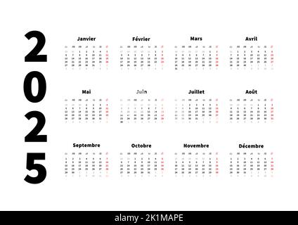 calendario orizzontale semplice di 2025 anni in francese, calendario tipografico in bianco Illustrazione Vettoriale