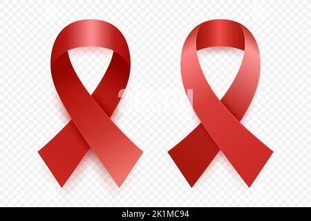 Set di nastri rossi realistici Vector 3D. Leucemia simbolo di consapevolezza del cancro Closeup. Giornata mondiale dell'Aids. Modello nastro per cancro al sangue. Giornata mondiale del cancro alla leucemia Illustrazione Vettoriale