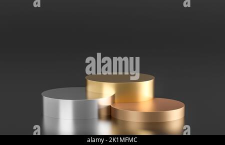 podi metallici in oro, bronzo, argento su sfondo nero. rendering 3d Foto Stock