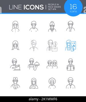 Persone in maschere facciali - linea moderna design stile icone set Illustrazione Vettoriale