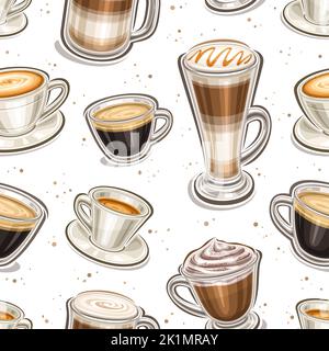 Vector Coffee motivo senza cuciture, sfondo quadrato ripetuto con set di illustrazioni ritagliate diverse bevande da caffè in tazze in porcellana e trasparente su w Illustrazione Vettoriale