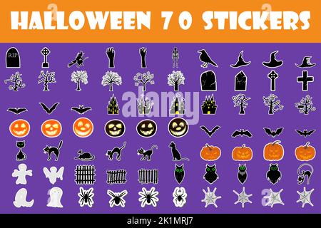 Adesivo per le feste di Halloween con set Shadows Elements. Collezione con Bat, fantasma, tomba, albero, Luna, Zucca, strega, scheletro e gatto su bianco Backgr Illustrazione Vettoriale