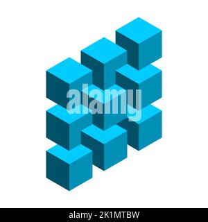 Disposizione dei cubi impossibile. Forma astratta cubica blu. Illusione ottica. Trucco mentale visivo. Penrose Esher oggetto geometrico. Cubo in un cubo. Vettore Illustrazione Vettoriale