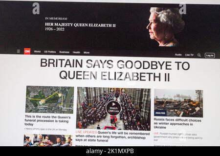"La Gran Bretagna dice Arrivederci alla Regina Elisabetta II" Sito web della CNN alla fine del funerale della Regina Elisabetta II a Londra il 19th settembre 2022. Foto Stock