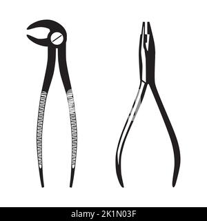 Pinze estraenti silhouette nere, strumenti per chirurgia dentale, vettore. Illustrazione Vettoriale