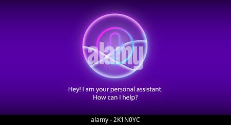 Concetto di intelligenza artificiale. Assistente personale. Riconoscimento vocale. Microfono con pulsante. Foto Stock