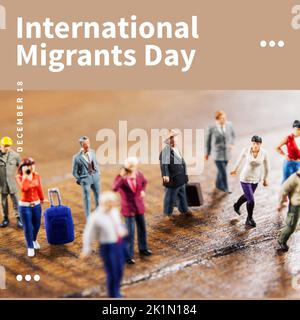 Composizione del testo della giornata internazionale dei migranti sulle figurine delle persone su pavimenti in legno Foto Stock