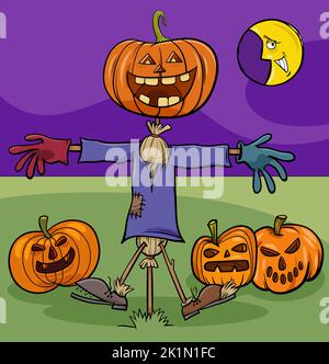 Illustrazione del cartone animato di spaventapasseri divertenti e zucche di Halloween Illustrazione Vettoriale