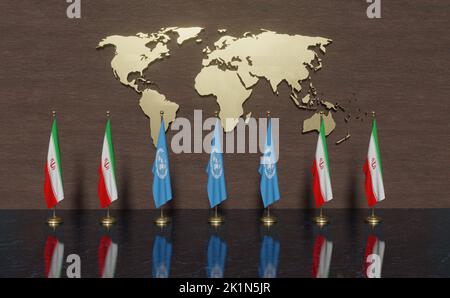 Vertice Iran e Nazioni Unite, bandiera Iran, bandiera delle Nazioni Unite sul vertice delle Nazioni Unite, 3D lavoro e 3D illustrazione. Foto Stock