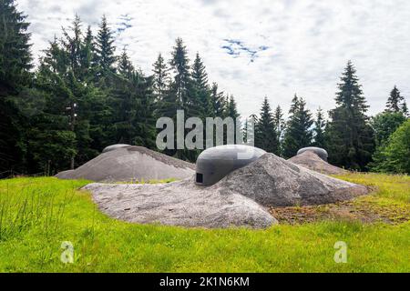 Bunker militare R-H-S 76 Lom torretta di artiglieria, Orlicke Hory, Czech, Cecoslovacco confine fortificazioni da prima WW II Foto Stock