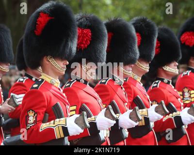 Londra, Regno Unito. 19th Set, 2022. Le rappresentanze militari britanniche e del Commonwealth seguirono il corteo della regina Elisabetta II Soldati che indossano pelli di bearskin sul Mall. Credit: Uwe Deffner/Alamy Live News Foto Stock