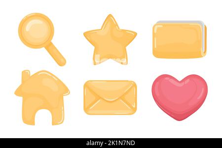 3d set di icone vettoriali realistiche. Campana, cuore, stella, posta, lente di ingrandimento, chiave inglese, cartella, simboli del documento Illustrazione Vettoriale