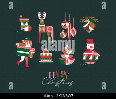 Set di simboli natalizi in stile cubismo calza, albero, cono, albero, decorazioni, snowman, candela disegno su sfondo verde Illustrazione Vettoriale