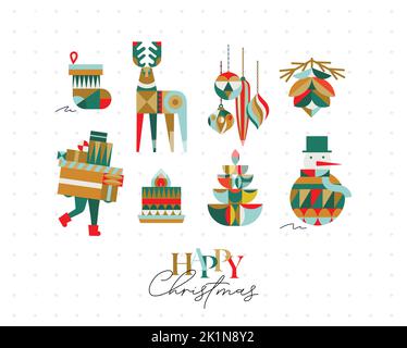Set di simboli natalizi in stile cubismo calza, albero, cono, albero, decorazioni, snowman, candela disegno su sfondo chiaro Illustrazione Vettoriale