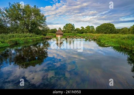 La capanna dei pescatori e le trappole per anguille attraverso il River Test sulla tenuta di Leckford a Longstock. Hampshire. Inghilterra. REGNO UNITO Foto Stock