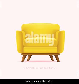 3D Poltrona. Sedia gialla con gambe in legno. Stile vettoriale minimo, illustrazione isolata realistica Illustrazione Vettoriale