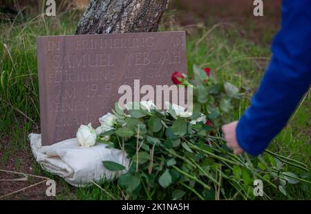 Saarlouis, Germania. 19th Set, 2022. Un partecipante al rally commemorativo per il ricercatore Ghanaiano Samuel Yeboah, ucciso in un attacco di arson nel 1991, mette i fiori in una pietra commemorativa. A metà novembre, il processo contro un uomo di 51 anni inizia presso la Corte superiore regionale di Coblenza - con accuse, tra cui omicidio. Si ritiene che abbia acceso il fuoco nella sistemazione dei richiedenti asilo la notte tra il 18 e il 19 settembre 1991. Credit: Harald Tittel/dpa/Alamy Live News Foto Stock