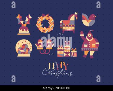 Set di simboli di Natale in stile cubismo guanti, corona, regali, globo di neve invernale, uccello, Cavallo, Santa disegno su sfondo blu Illustrazione Vettoriale