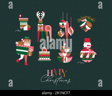 Set di simboli natalizi in stile cubismo calza, albero, cono, albero, decorazioni, snowman, candela disegno su sfondo verde Illustrazione Vettoriale