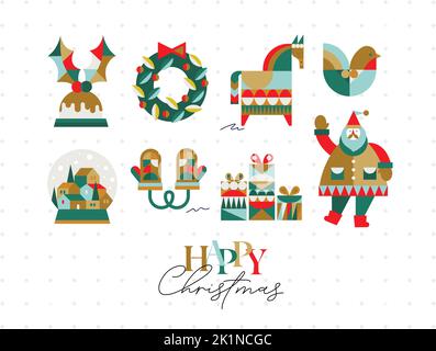 Set di simboli di Natale in stile cubismo guanti, corona, regali, globo di neve invernale, uccello, Cavallo, Santa disegno su sfondo chiaro Illustrazione Vettoriale