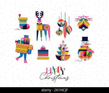 Set di simboli natalizi in stile cubismo calza, albero, cono, albero, decorazioni, snowman, candela disegno su sfondo bianco Illustrazione Vettoriale