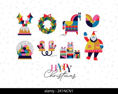 Set di simboli di Natale in stile cubismo guanti, corona, regali, globo di neve invernale, uccello, Cavallo, Santa disegno su sfondo bianco Illustrazione Vettoriale
