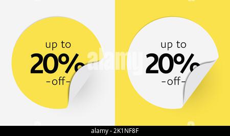 Vector fino al 20% bottoni di vendita forma Banner Design Set. Striscioni creativi rotondi gialli e bianchi isolati per i disegni grafici di pubblicità Illustrazione Vettoriale