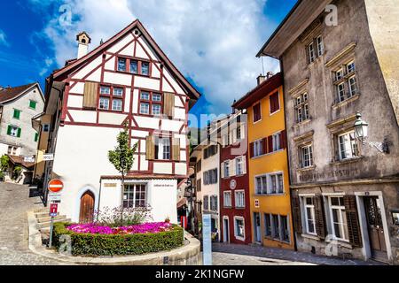 Schlüssel am Rank 1616 casa, Obere Halde e Untere Halde strade con case colorate e storiche il centro storico di Baden, Svizzera Foto Stock