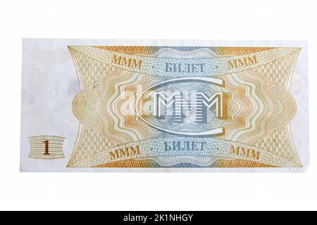 Vecchio MMM Mavrodi su sfondo bianco, banconote isolate dalla Russia. La Piramide finanziaria russa del 1994 Foto Stock