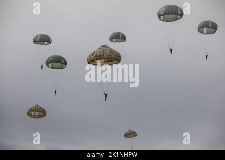 Arnhem, Paesi Bassi. 15 Settembre 2022. L'esercito degli Stati Uniti e i paracadutisti europei scendono nella Drop zone da un aereo dell'aeronautica statunitense C-130 durante l'esercizio Falcon Leap alla Ginkelse Heide Drop zone, 15 settembre 2022 ad Arnhem, Paesi Bassi. Più di 1000 paracadutisti di 13 nazioni partecipano all'esercizio della NATO di due settimane. Credit: S1c Austin Berner/US Army Photo/Alamy Live News Foto Stock