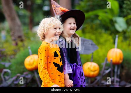 Bambino in costume di Halloween. Trucchi o delizia per i bambini. Bambino e ragazza vestita come strega con cappello che tiene lanterna di zucca e secchio di caramelle. Foto Stock