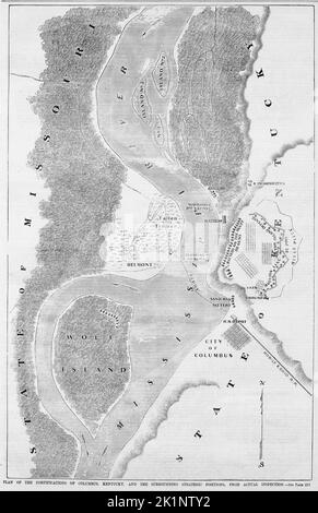 Piano delle fortificazioni di Columbus, Kentucky, e le posizioni strategiche circostanti, da ispezione effettiva. Febbraio 1862. Illustrazione della guerra civile americana del 19th° secolo dal quotidiano illustrato di Frank Leslie Foto Stock