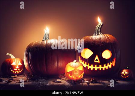 Halloween con zucche scolpite su un tavolo al buio con candele. Zucche di Halloween accese a lume di candela di notte. 3D illustrazione e fantasia Foto Stock