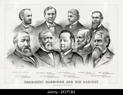 Incisione di US Pesident Benjamin Harrison e del suo gabinetto di : Front (da sinistra a destra): Harrison, William Windom, John Wanamaker, Redfield Proctor, James G. Blaine; Indietro (da sinistra a destra): William H. Miller, John W. Noble, Geremia M. Rusk, Benjamin F. Tracy. Foto Stock