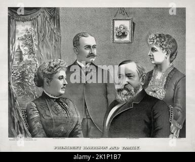 Un'incisione del presidente americano Benjamin Harrison, sua moglie Caroline Scott Harrison e i loro figli Russel Harrison e sua figlia Mary. Dopo la morte di Caroline nel 1892, Mary servì come First Lady per il resto del mandato di Harrison come presidente/. Foto Stock