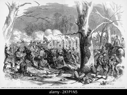 Storming of Fort Donelson - decisiva carica a baionetta del secondo reggimento dell'Iowa sugli entrenchments Rebel a Fort Donelson, 15th febbraio 1862, con conseguente cattura dei lavori la mattina seguente. Battaglia di Fort Donelson. Illustrazione della guerra civile americana del 19th° secolo dal quotidiano illustrato di Frank Leslie Foto Stock