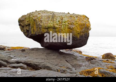 Primo piano di Balance Rock, un'attrazione turistica vicino Skidegate, Graham Island, Haida Gwaii (ex Isole Queen Charlotte) British Columbia, Canada. Foto Stock