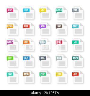 Formati file di sistema comuni. Tipi di documento ed estensioni. Collezione icone stile piatto. Pittogramma del documento, elemento dell'interfaccia utente del disegno Web, modello. Computer Illustrazione Vettoriale