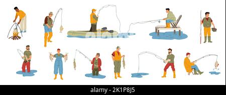 Uomini felici di pesca set isolato su sfondo bianco. Personaggi maschi piatti che catturano pesce con canna da perforazione, riva del fiume, barca gonfiabile, in piedi in acqua, cucinare cibo sul fuoco, godendo hobby Illustrazione Vettoriale