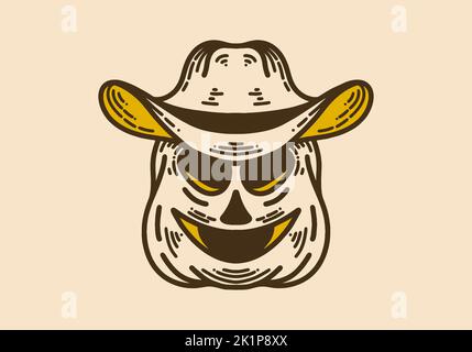 Zucca con cappello da cowboy vintage design d'arte retrò Illustrazione Vettoriale