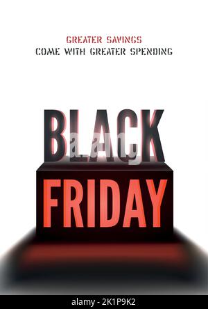 Black friday mega vendita modello poster vettoriale su bianco. Fascio luminoso di luce che illumina il più grande evento di shopping 3D iscrizione. Sconti offerta pubblicità con copyspace. Vendita presto disponibile banner design Illustrazione Vettoriale