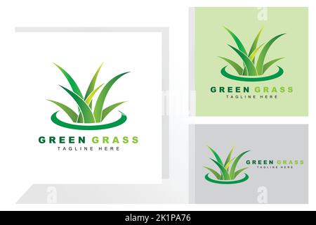 Green Grass Logo Design, Paesaggio agricolo Illustrazione, paesaggio naturale vettore Illustrazione Vettoriale